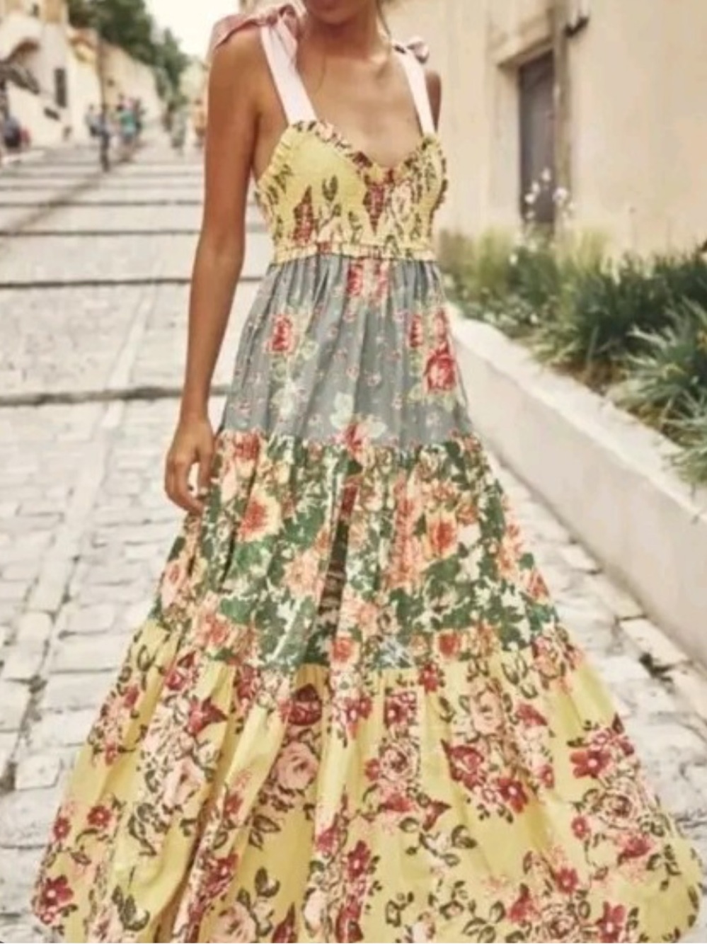 Free People bluebell Yellow Floral Patchwork Tiered Maxi Dress - Picture 1 of 6